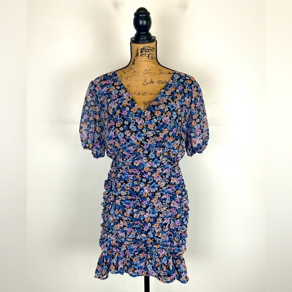 Allison‎ & Kelly Chiffon Floral Mini Dress Size 10 Blue Ruched Puff Sleeves